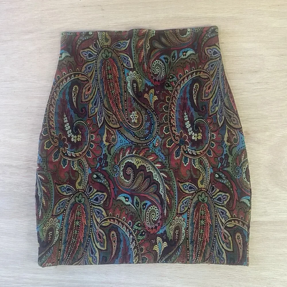 Vintage 90s Y2K Express Tricot Boho Paisley Print High Waisted Mini Skirt Size 2